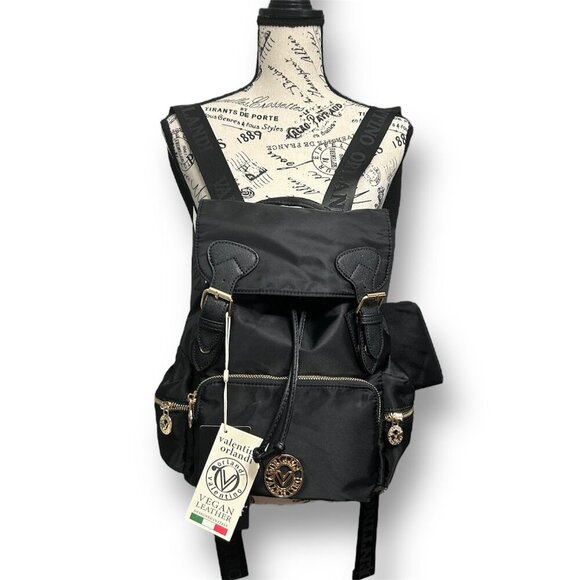 Valentino Orlandi Black Vegan Nylon Backpack w/ Pouch Logo Gold Hardwarware NWT - Picture 2 of 10
